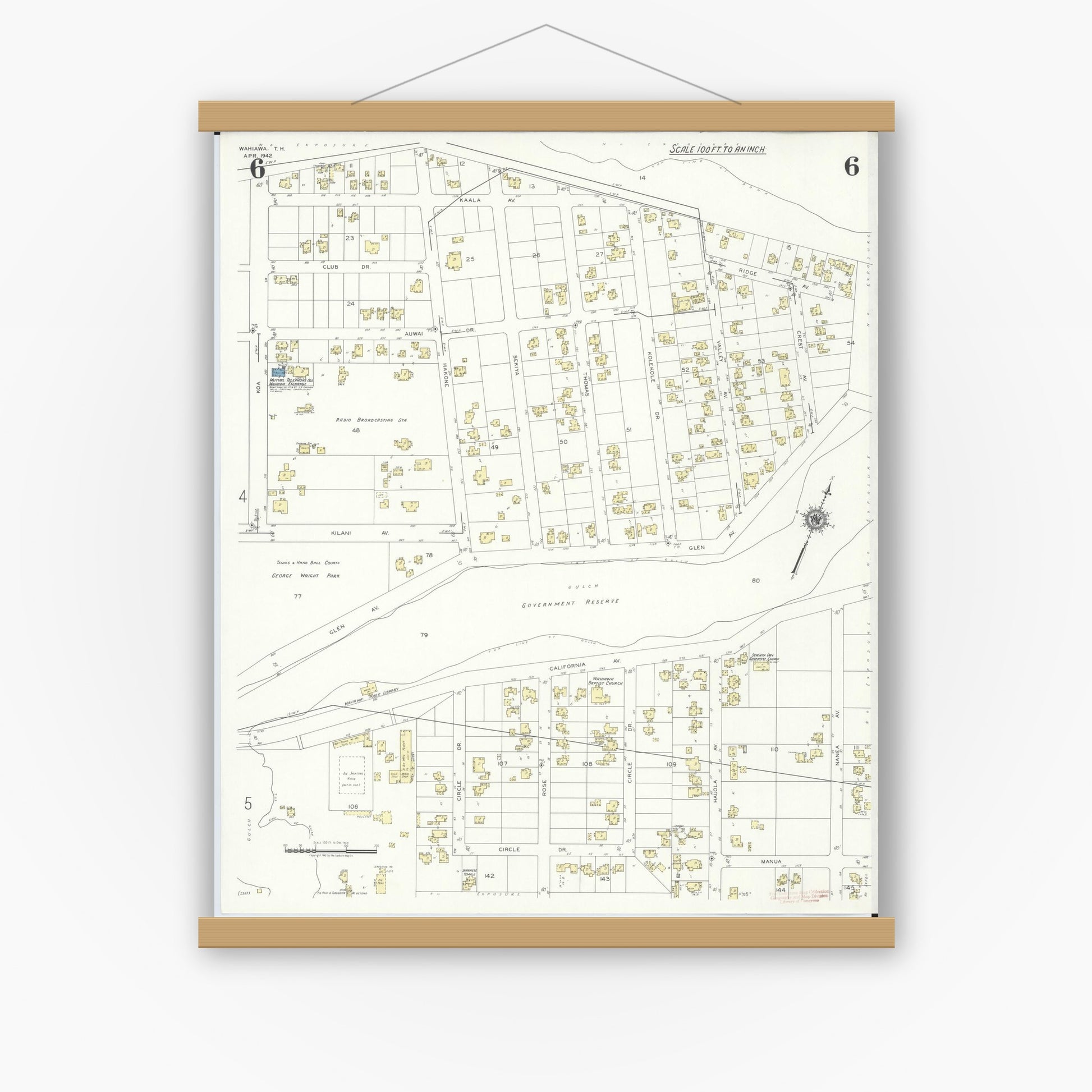 Old map wall art mockup — magnetic wood frame on white wall — Sanborn Fire Insurance Map from Wahiawa, Honolulu County, Hawaii (1942), Sheet #0006