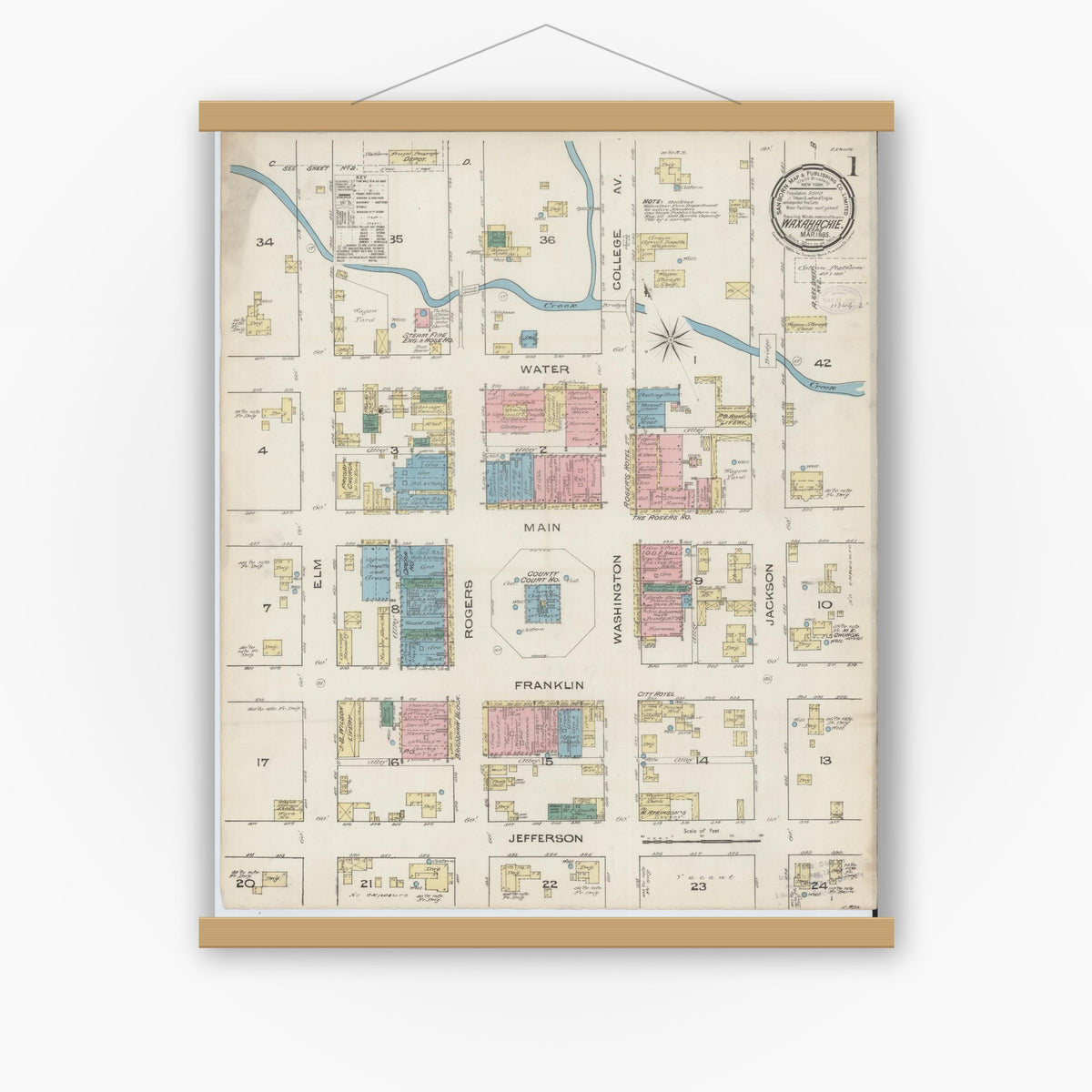Old map wall art mockup — magnetic wood frame on white wall — Sanborn Fire Insurance Map from Waxahachie, Ellis County, Texas (1885), Sheet #0001