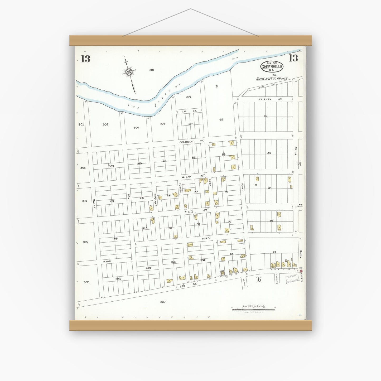 Old map wall art mockup — magnetic wood frame on white wall — Sanborn Fire Insurance Map from Greenville, Pitt County, North Carolina (1923), Sheet #0013