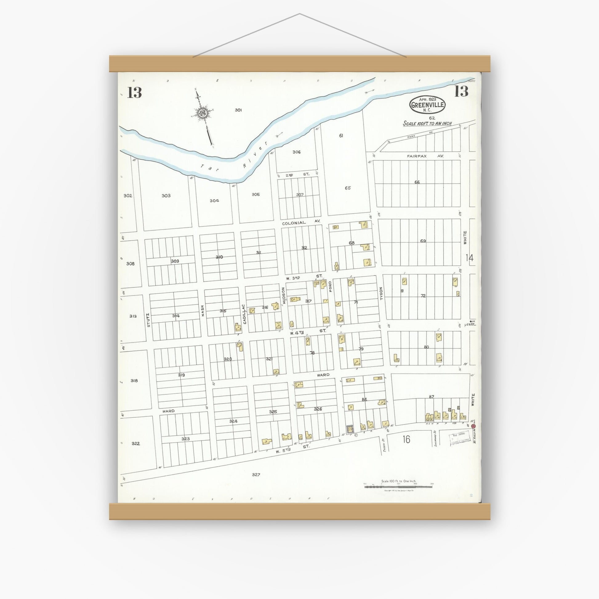 Old map wall art mockup — magnetic wood frame on white wall — Sanborn Fire Insurance Map from Greenville, Pitt County, North Carolina (1923), Sheet #0013