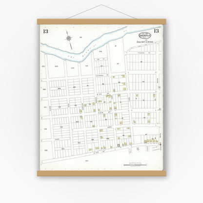 Old map wall art mockup — magnetic wood frame on white wall — Sanborn Fire Insurance Map from Greenville, Pitt County, North Carolina (1923), Sheet #0013