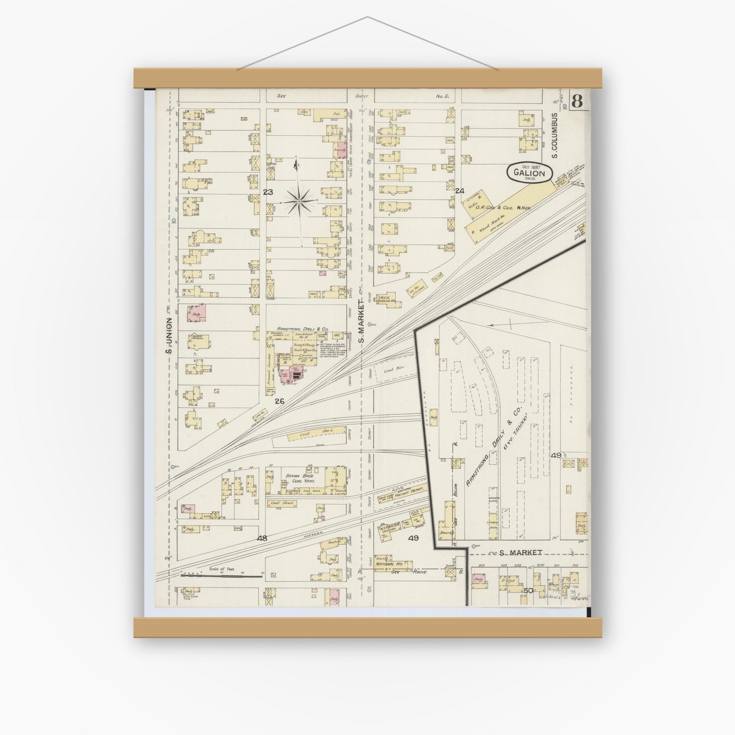 Old map wall art mockup — magnetic wood frame on white wall — Sanborn Fire Insurance Map from Galion, Crawford County, Ohio (1887), Sheet #0008