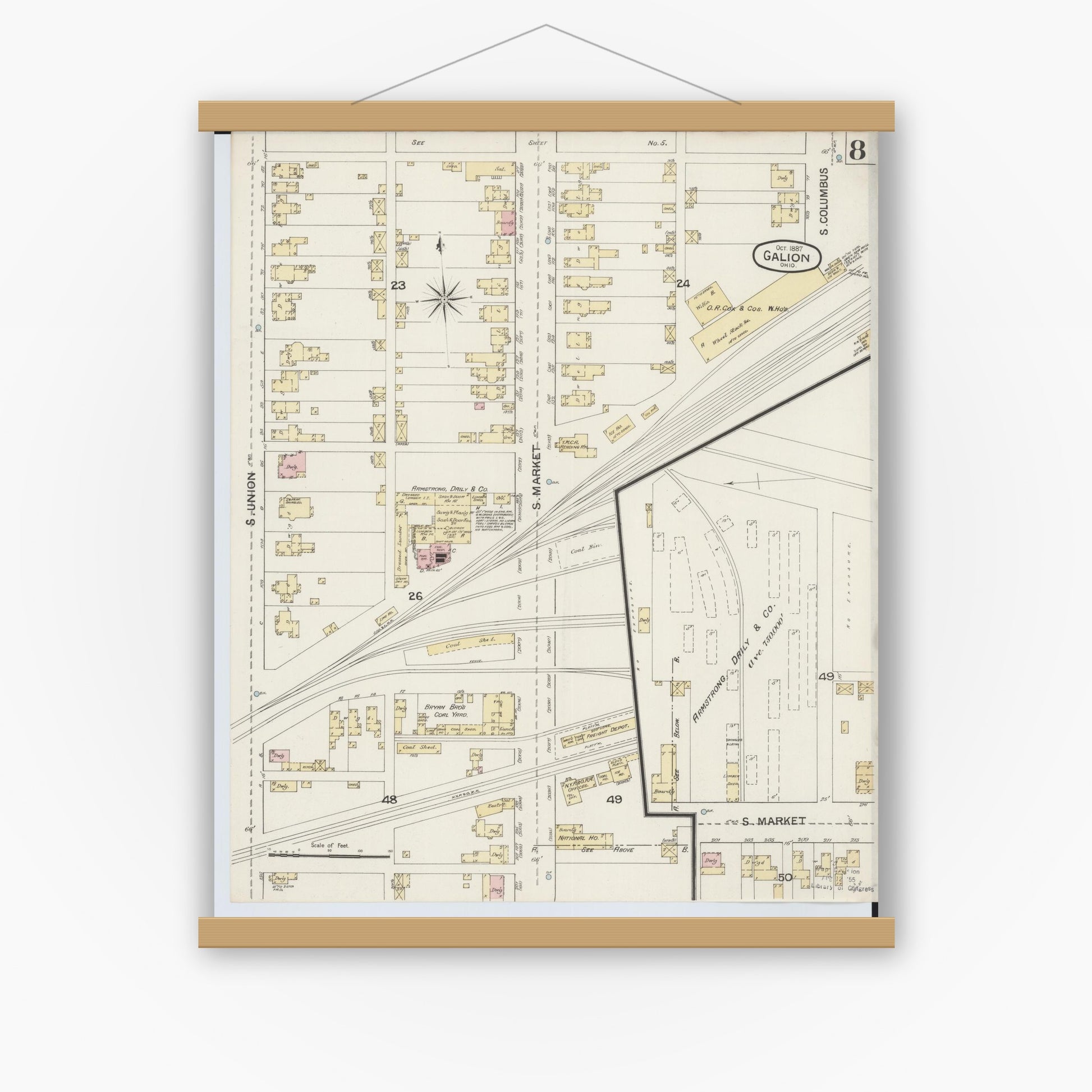 Old map wall art mockup — magnetic wood frame on white wall — Sanborn Fire Insurance Map from Galion, Crawford County, Ohio (1887), Sheet #0008