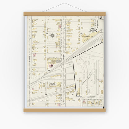 Old map wall art mockup — magnetic wood frame on white wall — Sanborn Fire Insurance Map from Galion, Crawford County, Ohio (1887), Sheet #0008