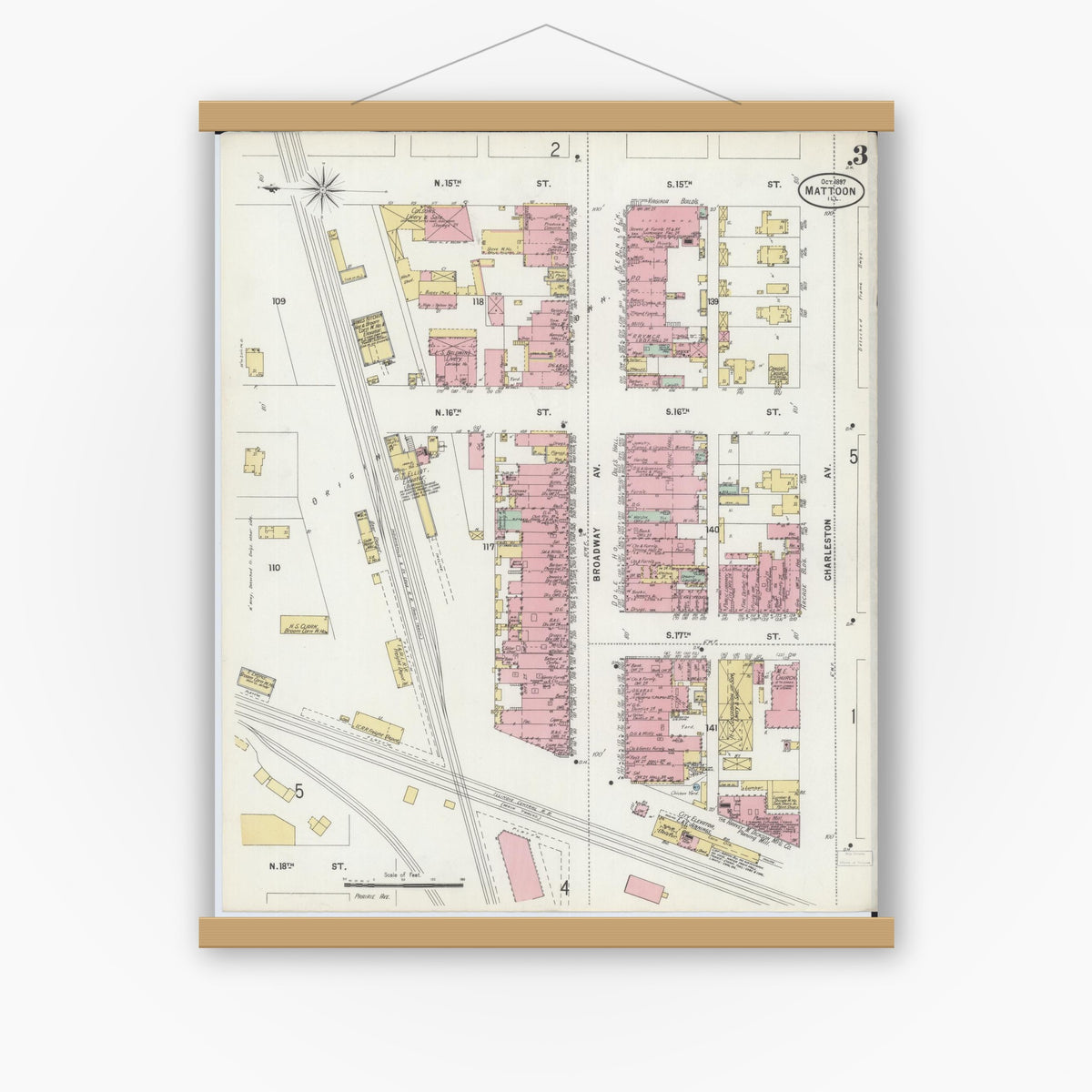 Old map wall art mockup — magnetic wood frame on white wall — Sanborn Fire Insurance Map from Mattoon, Coles County, Illinois (1897), Sheet #0003