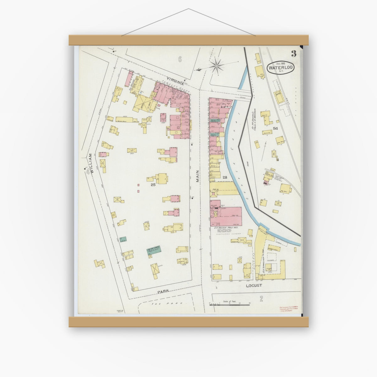 Old map wall art mockup — magnetic wood frame on white wall — Sanborn Fire Insurance Map from Waterloo, Seneca County, New York (1893), Sheet #0003