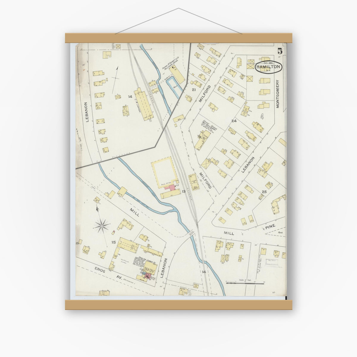 Old map wall art mockup — magnetic wood frame on white wall — Sanborn Fire Insurance Map from Hamilton, Madison County, New York (1893), Sheet #0005