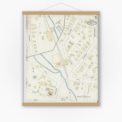 Old map wall art mockup — magnetic wood frame on white wall — Sanborn Fire Insurance Map from Hamilton, Madison County, New York (1893), Sheet #0005