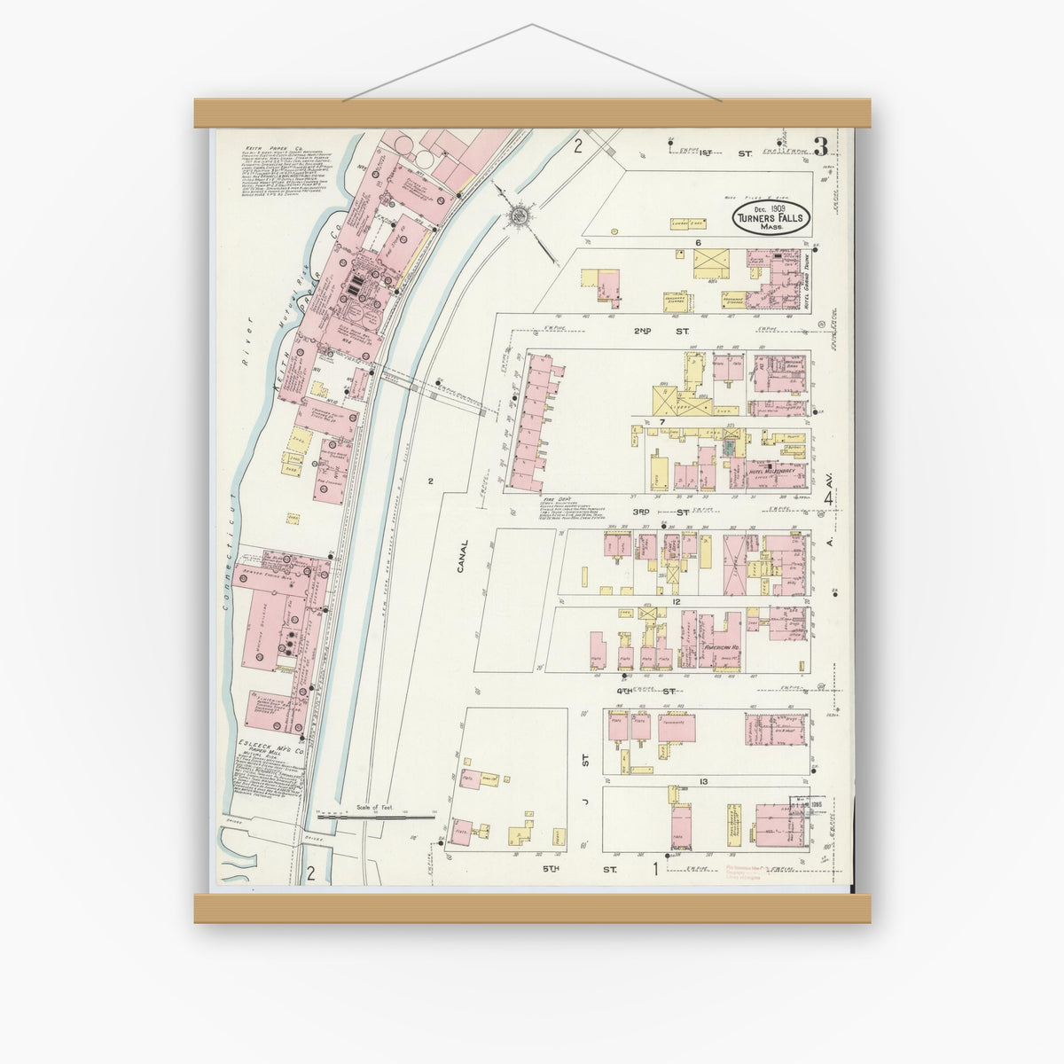 Old map wall art mockup — magnetic wood frame on white wall — Sanborn Fire Insurance Map from Turners Falls, Franklin County, Massachusetts (1909), Sheet #0003