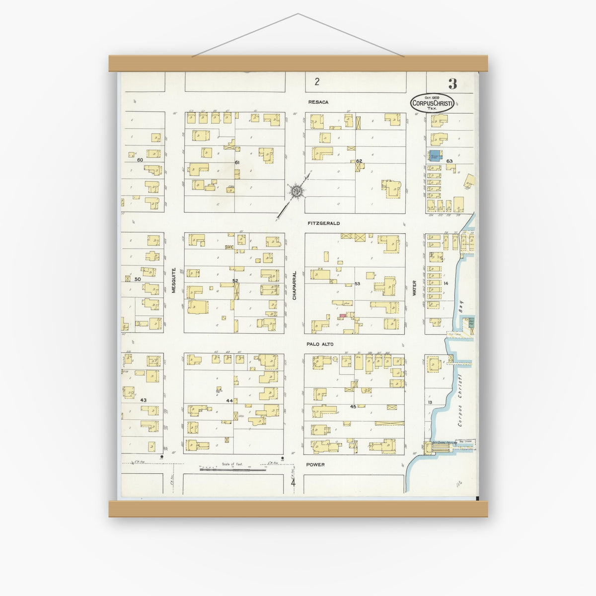 Old map wall art mockup — magnetic wood frame on white wall — Sanborn Fire Insurance Map from Corpus Christi, Nueces County, Texas (1909), Sheet #0003