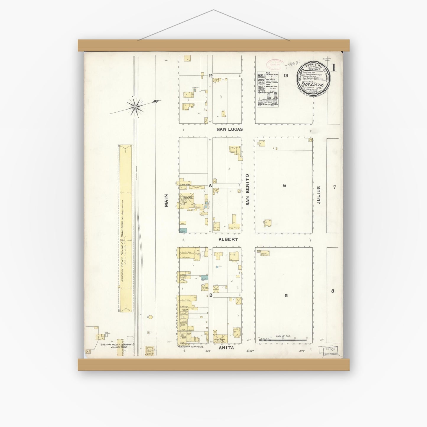 Old map wall art mockup — magnetic wood frame on white wall — Sanborn Fire Insurance Map from San Lucas, Monterey County, California (1892) - Complete Map Set