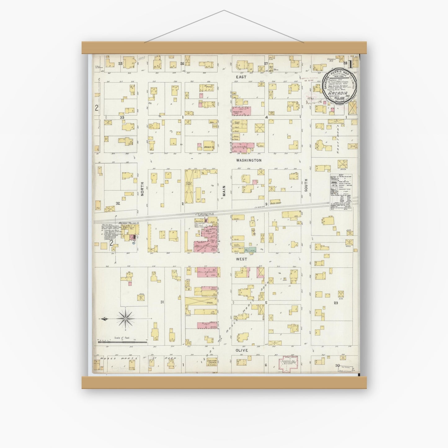 Old map wall art mockup — magnetic wood frame on white wall — Sanborn Fire Insurance Map from Arcadia, Hamilton County, Indiana (1896) - Complete Map Set