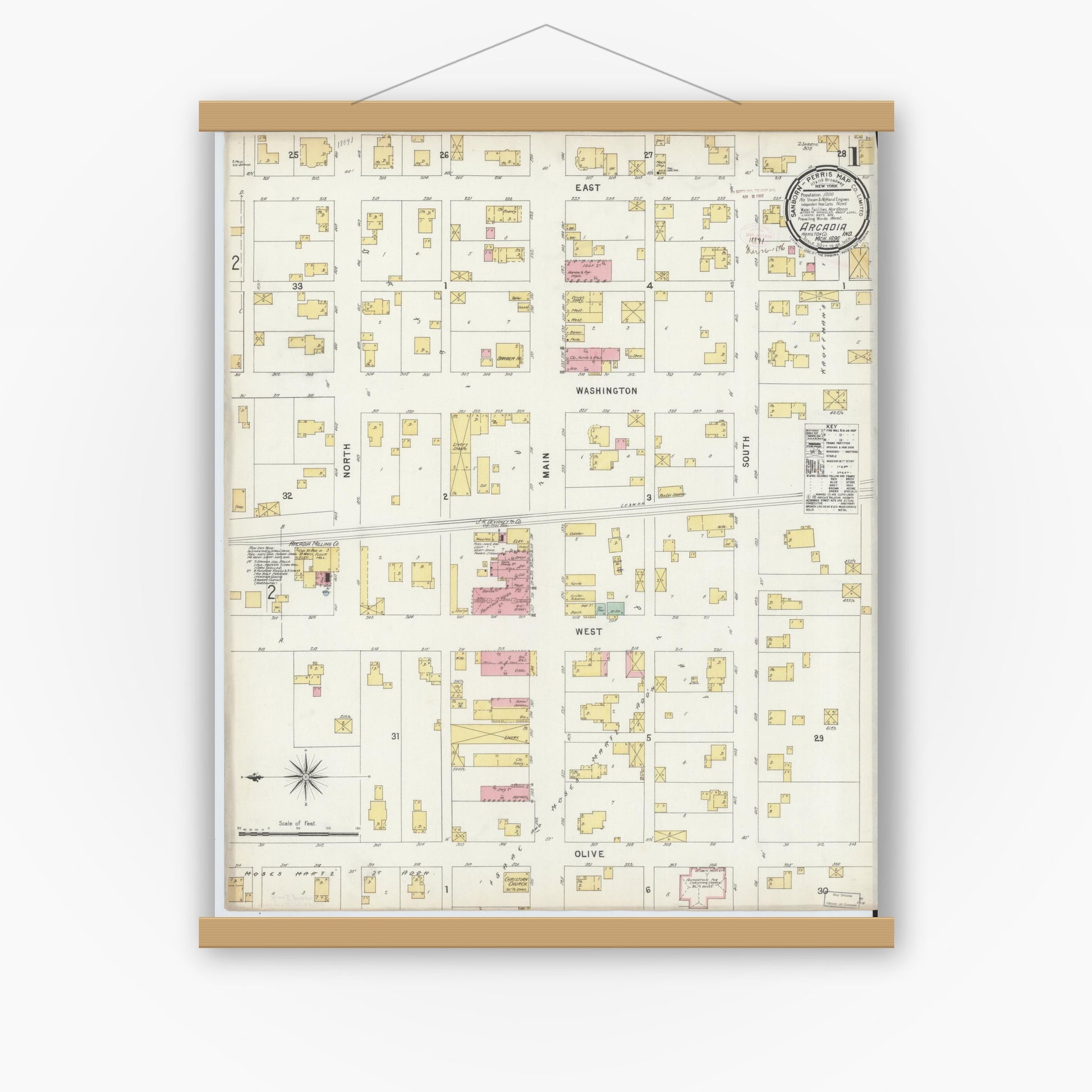 Old map wall art mockup — magnetic wood frame on white wall — Sanborn Fire Insurance Map from Arcadia, Hamilton County, Indiana (1896) - Complete Map Set