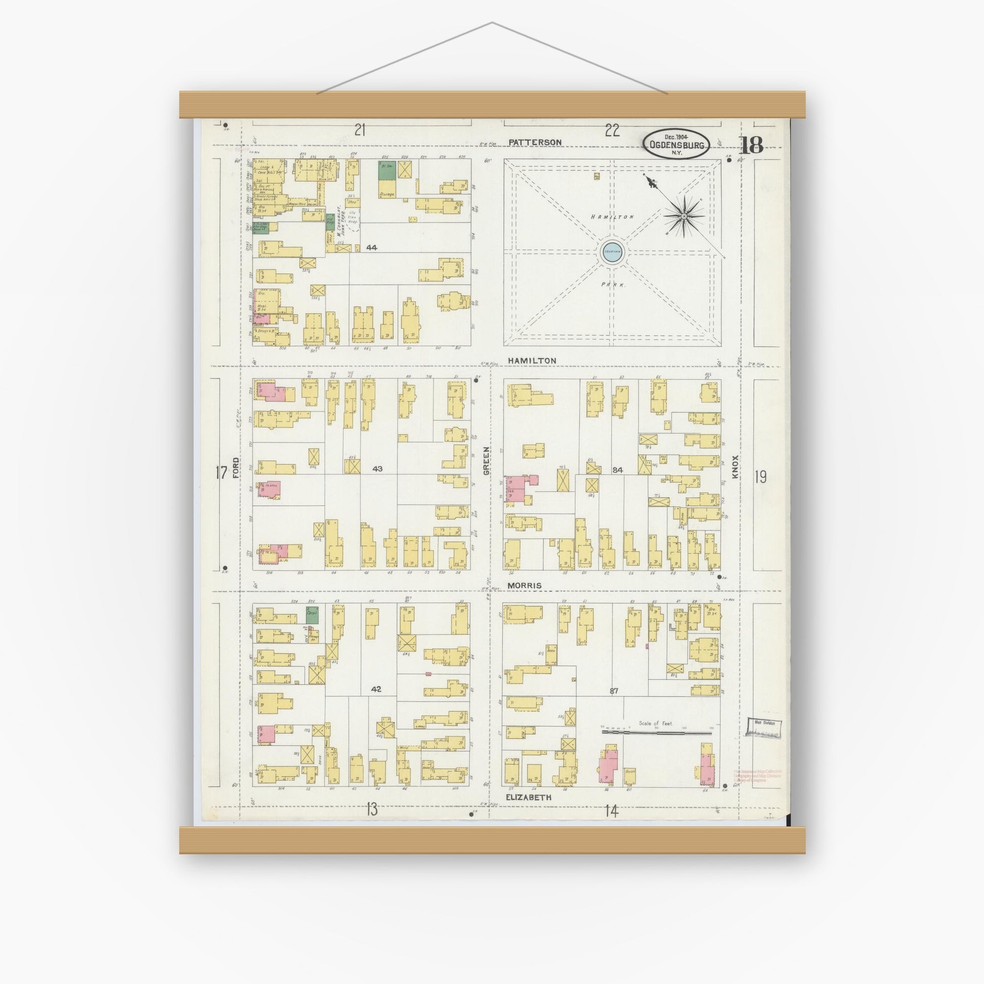 Old map wall art mockup — magnetic wood frame on white wall — Sanborn Fire Insurance Map from Ogdensburg, St. Lawrence County, New York (1904), Sheet #0018