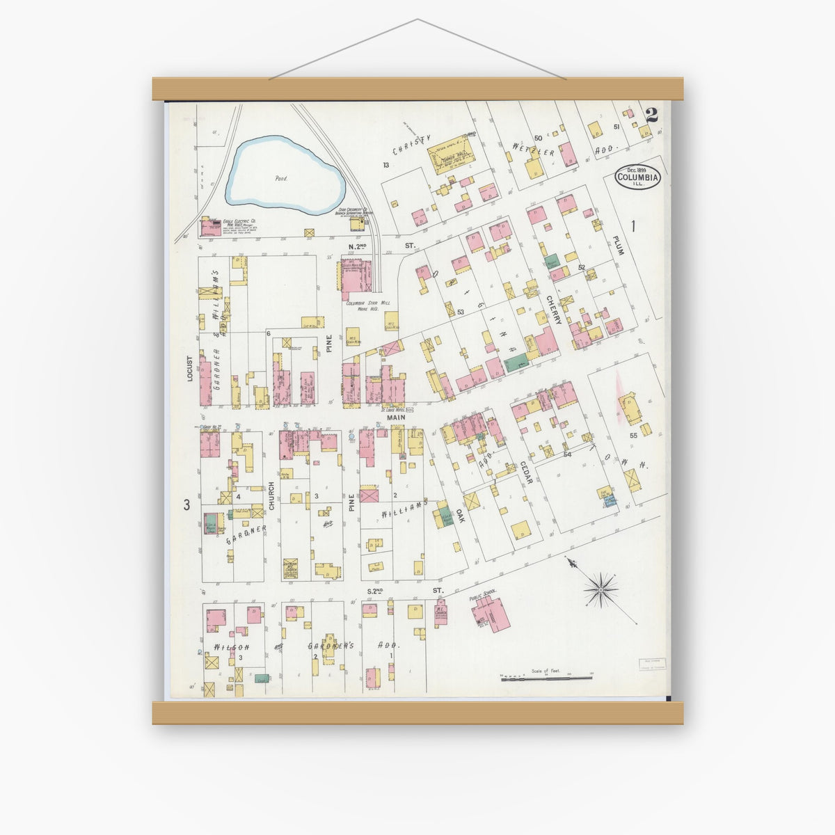 Old map wall art mockup — magnetic wood frame on white wall — Sanborn Fire Insurance Map from Columbia, Monroe County, Illinois (1899), Sheet #0002