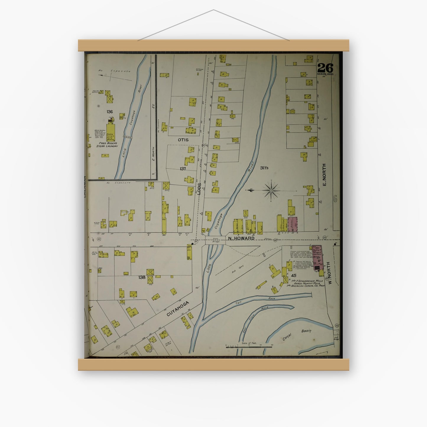 Old map wall art mockup — magnetic wood frame on white wall — Sanborn Fire Insurance Map from Akron, Summit County, Ohio (1892), Sheet #0026