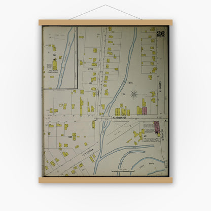 Old map wall art mockup — magnetic wood frame on white wall — Sanborn Fire Insurance Map from Akron, Summit County, Ohio (1892), Sheet #0026