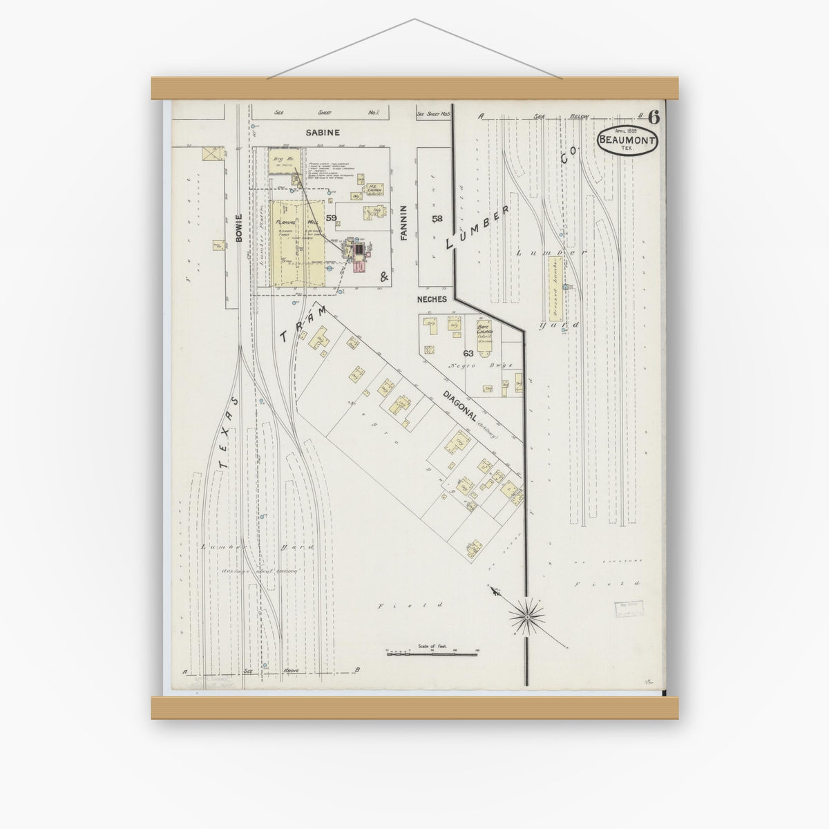 Old map wall art mockup — magnetic wood frame on white wall — Sanborn Fire Insurance Map from Beaumont, Jefferson County, Texas (1889), Sheet #0006