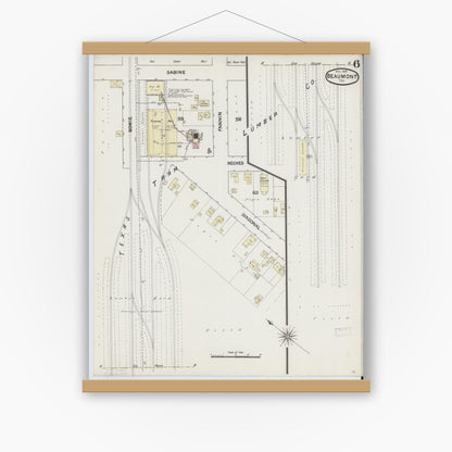 Old map wall art mockup — magnetic wood frame on white wall — Sanborn Fire Insurance Map from Beaumont, Jefferson County, Texas (1889), Sheet #0006