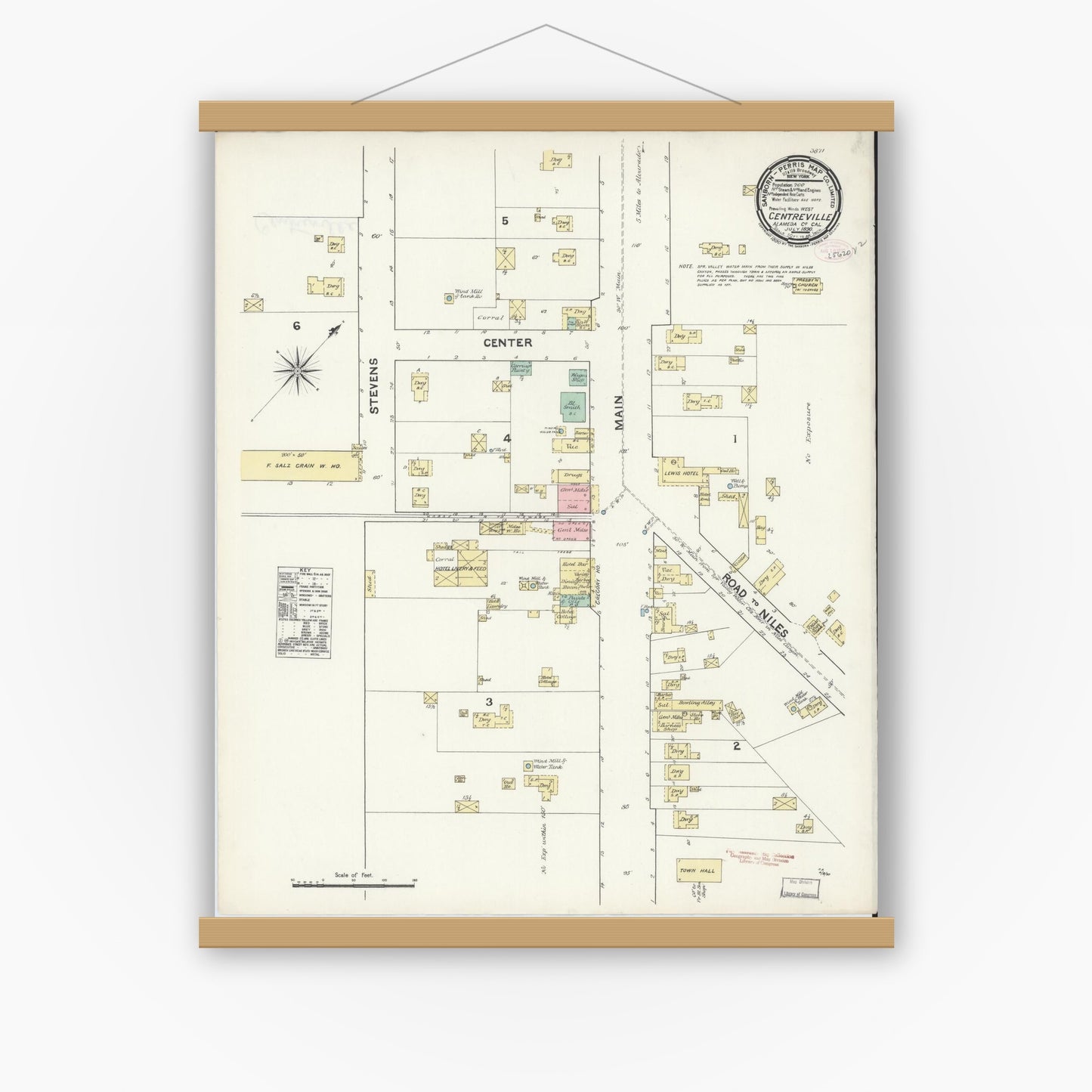 Old map wall art mockup — magnetic wood frame on white wall — Sanborn Fire Insurance Map from Centerville, Alameda County, California (1890), Sheet #0001