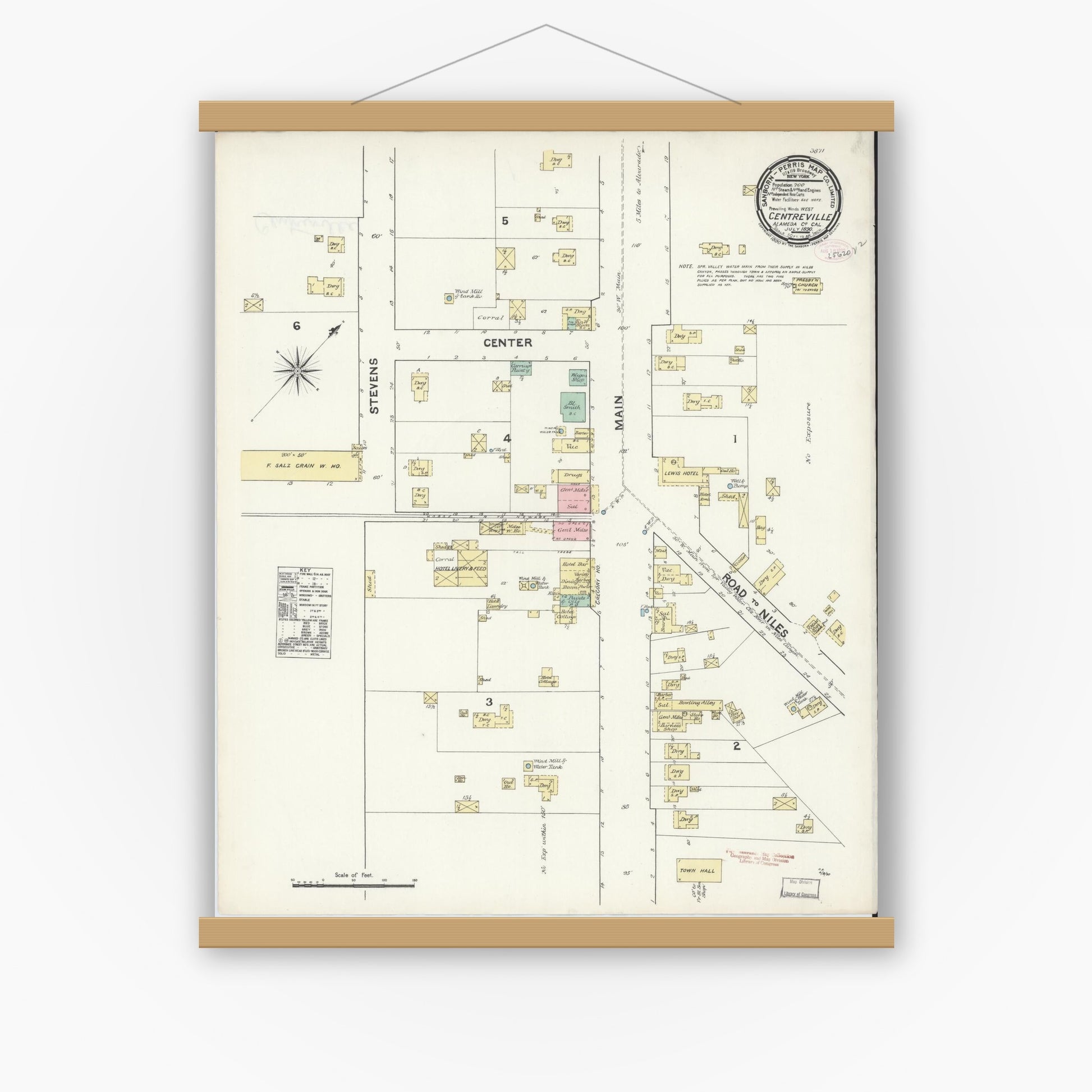 Old map wall art mockup — magnetic wood frame on white wall — Sanborn Fire Insurance Map from Centerville, Alameda County, California (1890), Sheet #0001