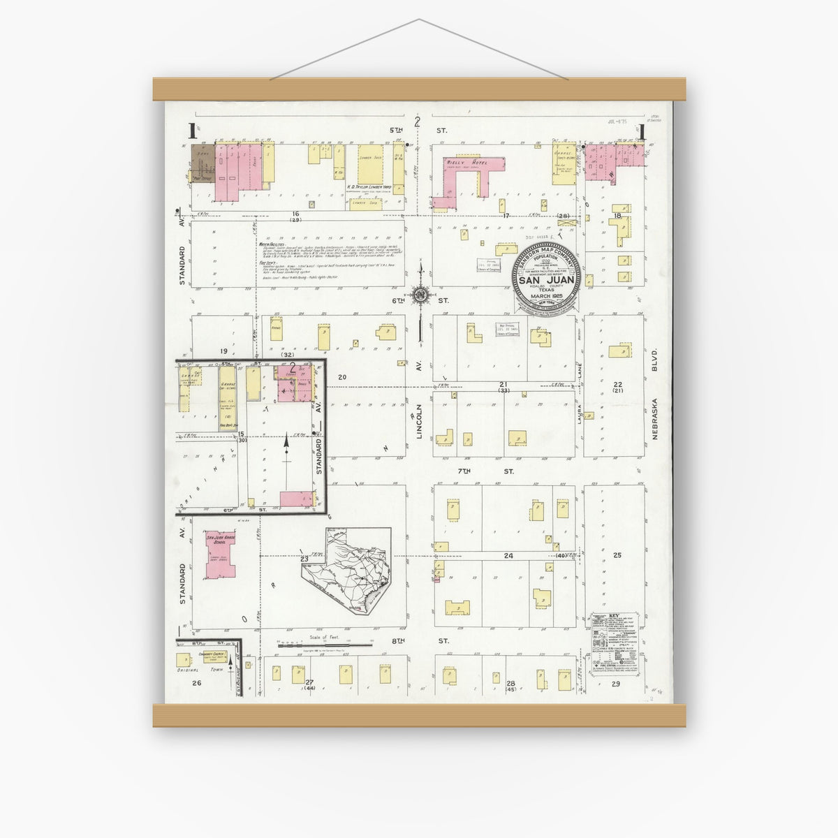 Old map wall art mockup — magnetic wood frame on white wall — Sanborn Fire Insurance Map from San Juan, Hidalgo County, Texas (1925), Sheet #0001