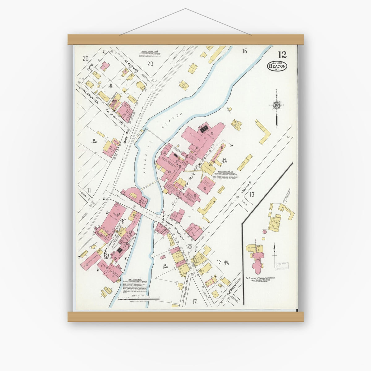 Old map wall art mockup — magnetic wood frame on white wall — Sanborn Fire Insurance Map from Beacon, Dutchess County, New York (1919), Sheet #0012