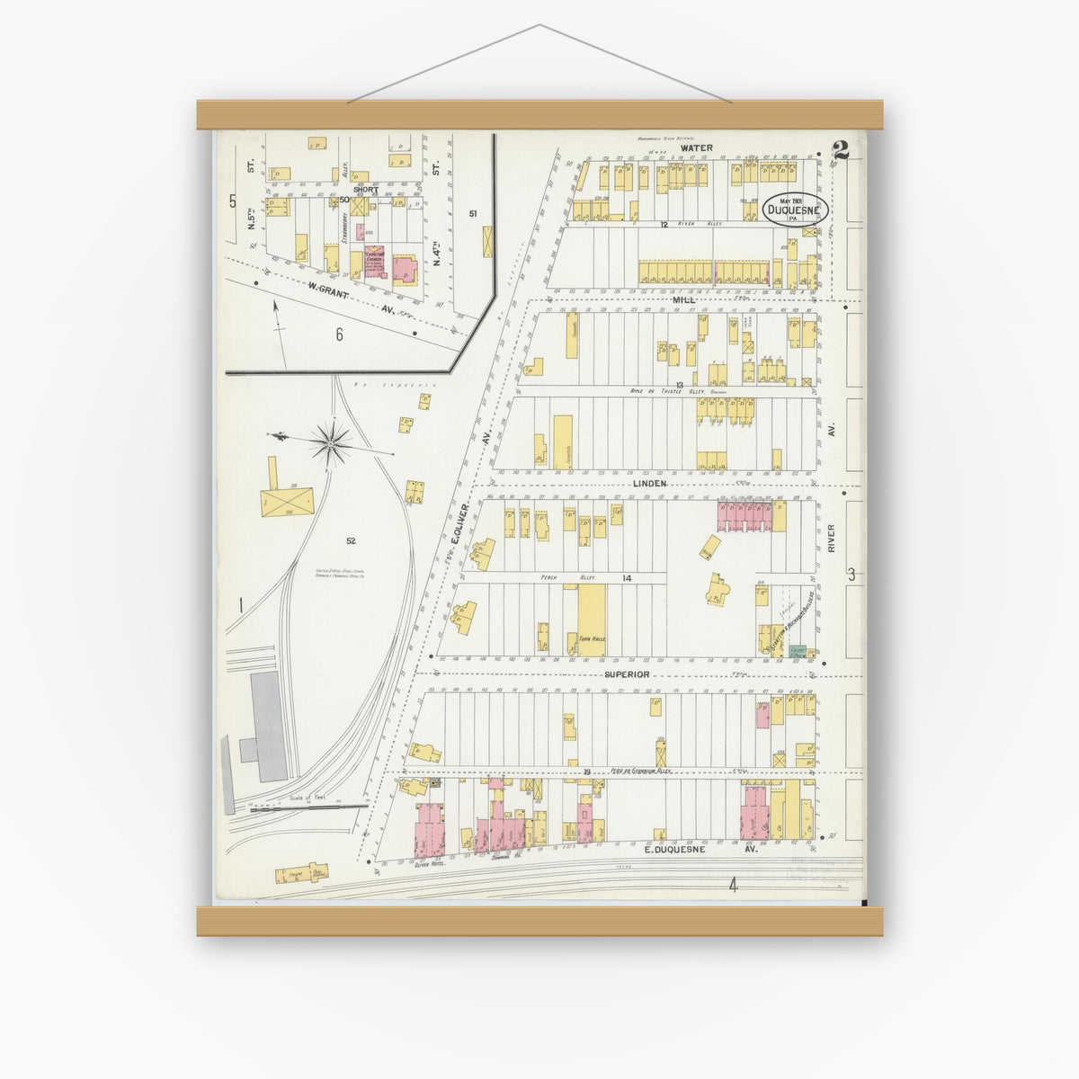Old map wall art mockup — magnetic wood frame on white wall — Sanborn Fire Insurance Map from Duquesne, Allegheny County, Pennsylvania (1901), Sheet #0002