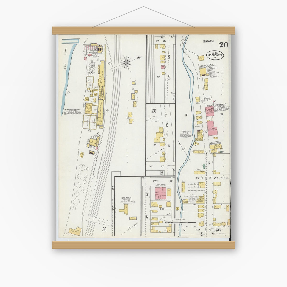 Old map wall art mockup — magnetic wood frame on white wall — Sanborn Fire Insurance Map from Rochester, Beaver County, Pennsylvania (1903), Sheet #0020