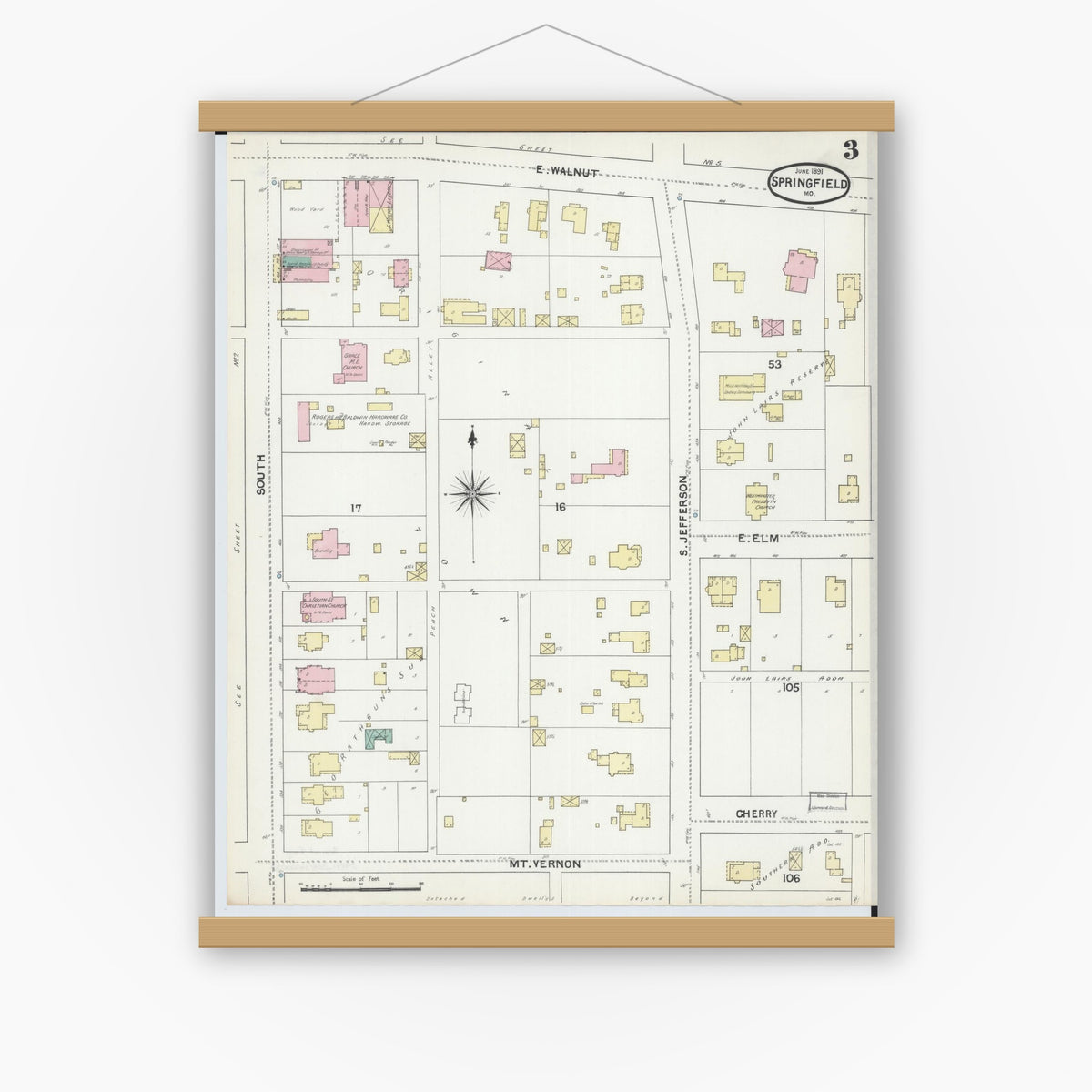 Old map wall art mockup — magnetic wood frame on white wall — Sanborn Fire Insurance Map from Springfield, Greene County, Missouri (1891), Sheet #0003