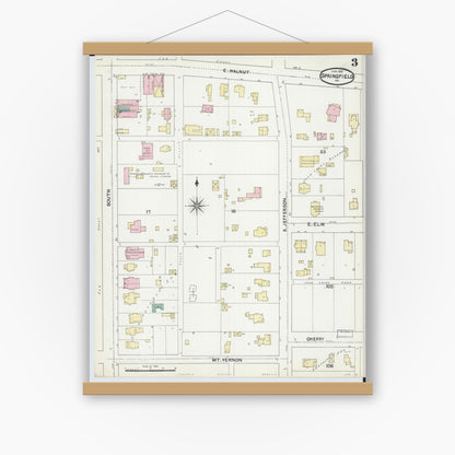 Old map wall art mockup — magnetic wood frame on white wall — Sanborn Fire Insurance Map from Springfield, Greene County, Missouri (1891), Sheet #0003