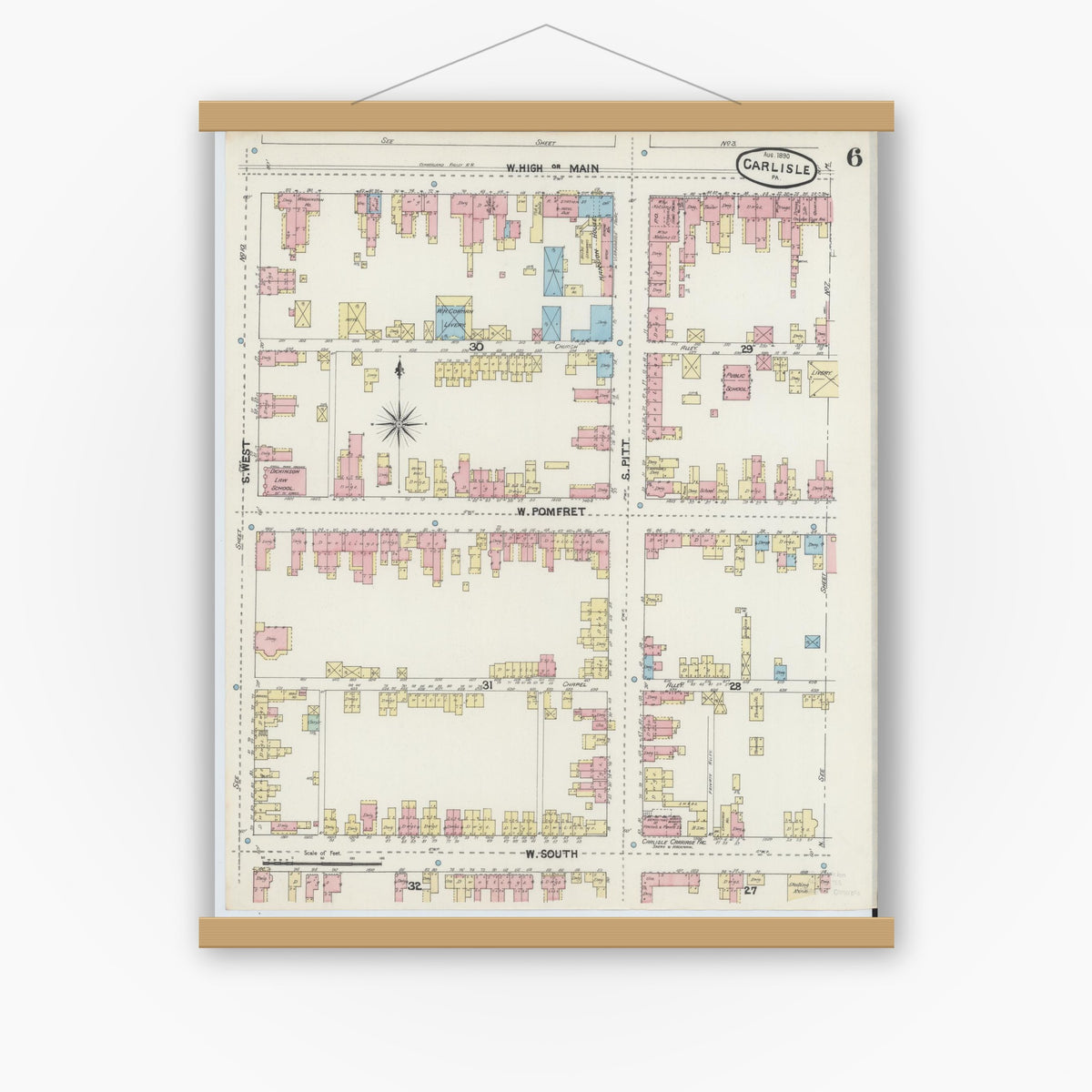 Old map wall art mockup — magnetic wood frame on white wall — Sanborn Fire Insurance Map from Carlisle, Cumberland County, Pennsylvania (1890), Sheet #0006