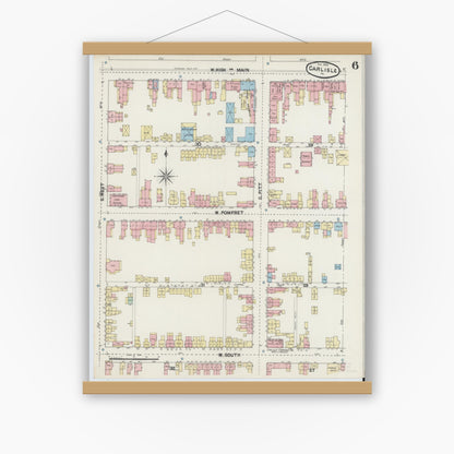 Old map wall art mockup — magnetic wood frame on white wall — Sanborn Fire Insurance Map from Carlisle, Cumberland County, Pennsylvania (1890), Sheet #0006