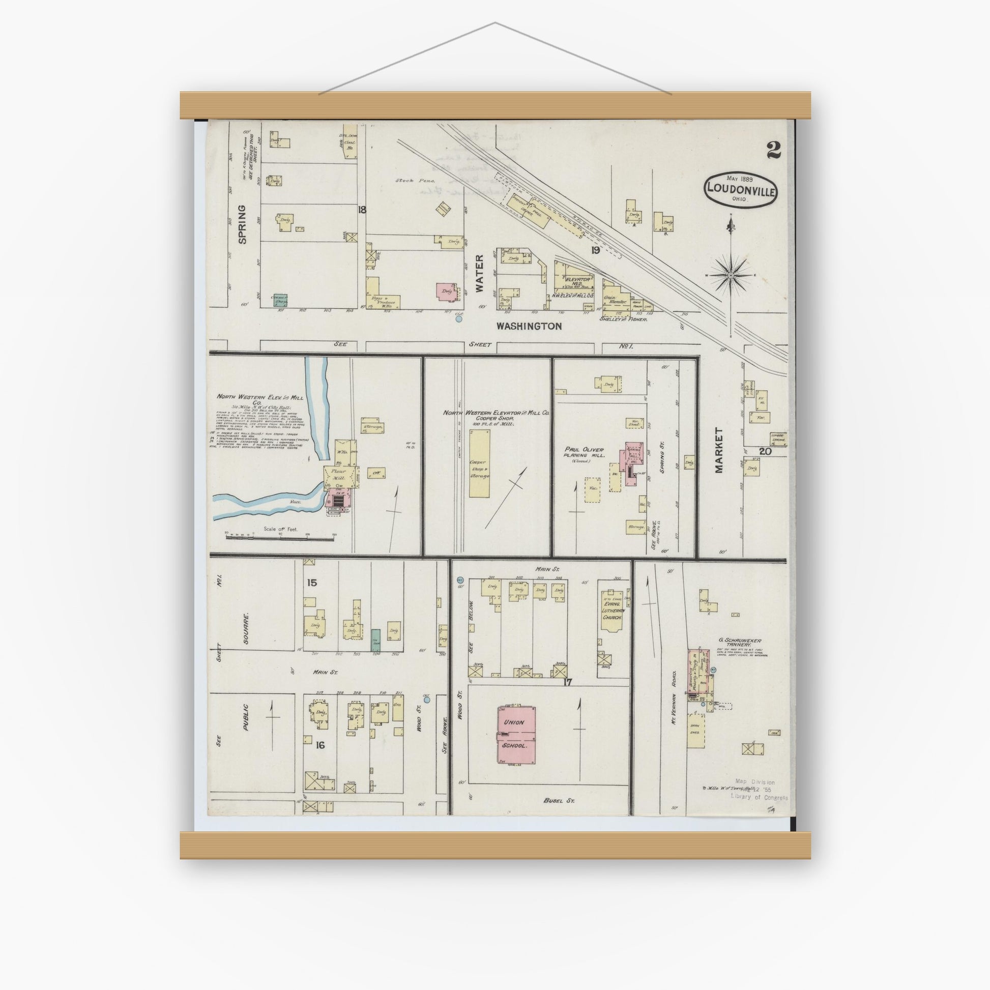 Old map wall art mockup — magnetic wood frame on white wall — Sanborn Fire Insurance Map from Loudonville, Ashland County, Ohio (1889), Sheet #0002