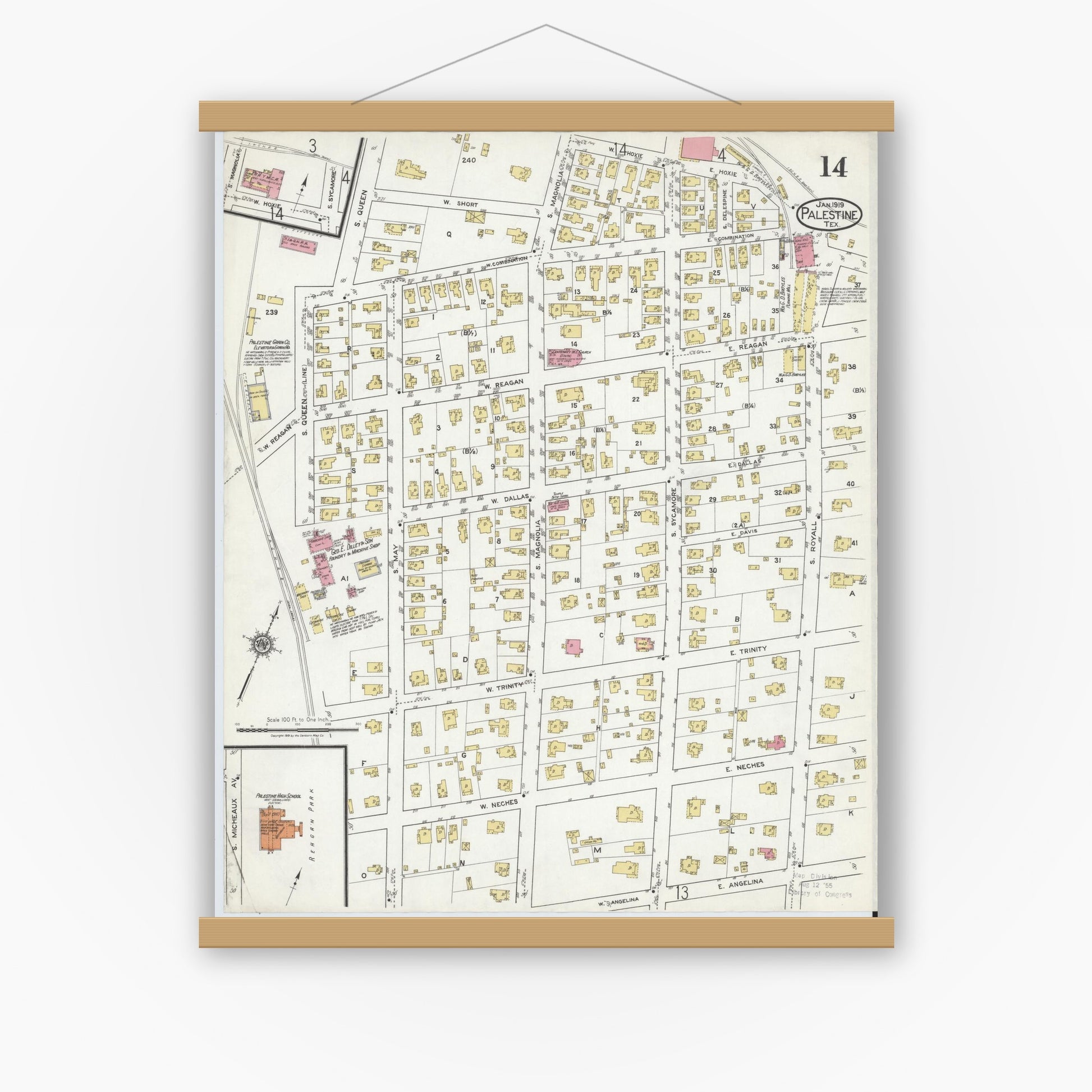 Old map wall art mockup — magnetic wood frame on white wall — Sanborn Fire Insurance Map from Palestine, Anderson County, Texas (1919), Sheet #0014