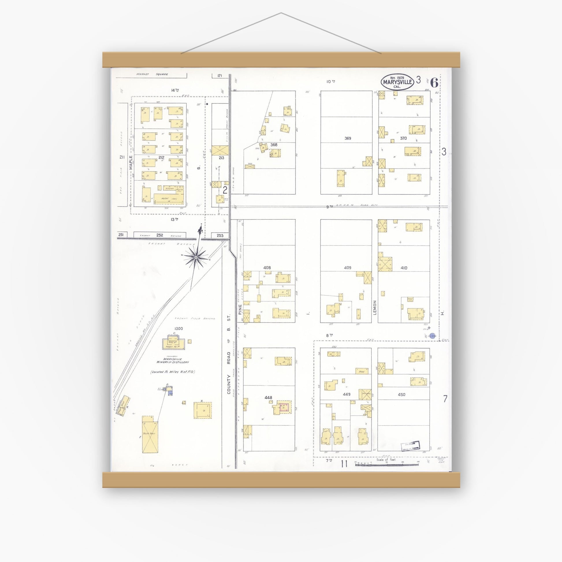 Old map wall art mockup — magnetic wood frame on white wall — Sanborn Fire Insurance Map from Marysville, Yuba County, California (1909), Sheet #0006