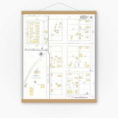 Old map wall art mockup — magnetic wood frame on white wall — Sanborn Fire Insurance Map from Marysville, Yuba County, California (1909), Sheet #0006