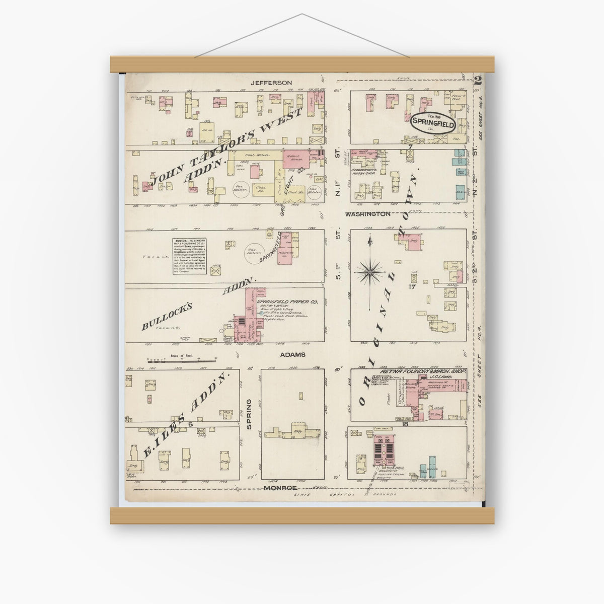 Old map wall art mockup — magnetic wood frame on white wall — Sanborn Fire Insurance Map from Springfield, Sangamon County, Illinois (1884), Sheet #0002
