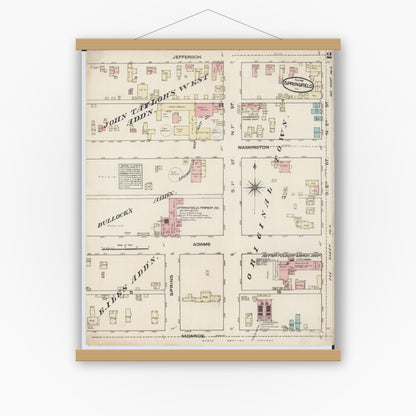 Old map wall art mockup — magnetic wood frame on white wall — Sanborn Fire Insurance Map from Springfield, Sangamon County, Illinois (1884), Sheet #0002