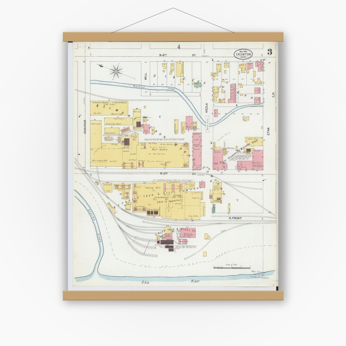 Old map wall art mockup — magnetic wood frame on white wall — Sanborn Fire Insurance Map from Ironton, Lawrence County, Ohio (1900), Sheet #0003
