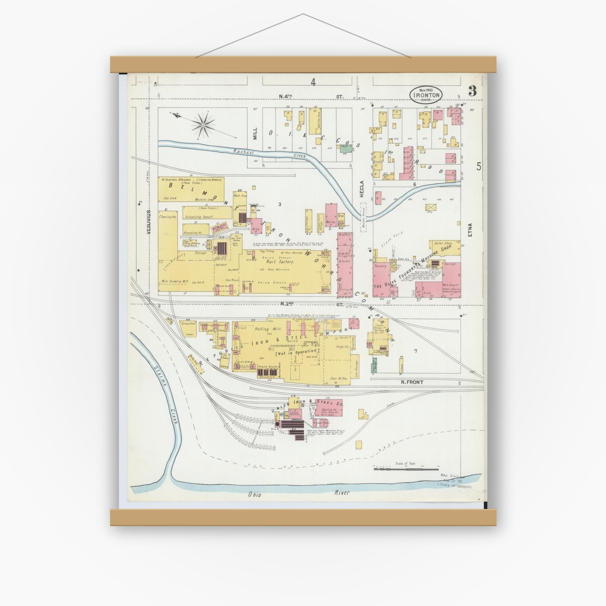 Old map wall art mockup — magnetic wood frame on white wall — Sanborn Fire Insurance Map from Ironton, Lawrence County, Ohio (1900), Sheet #0003