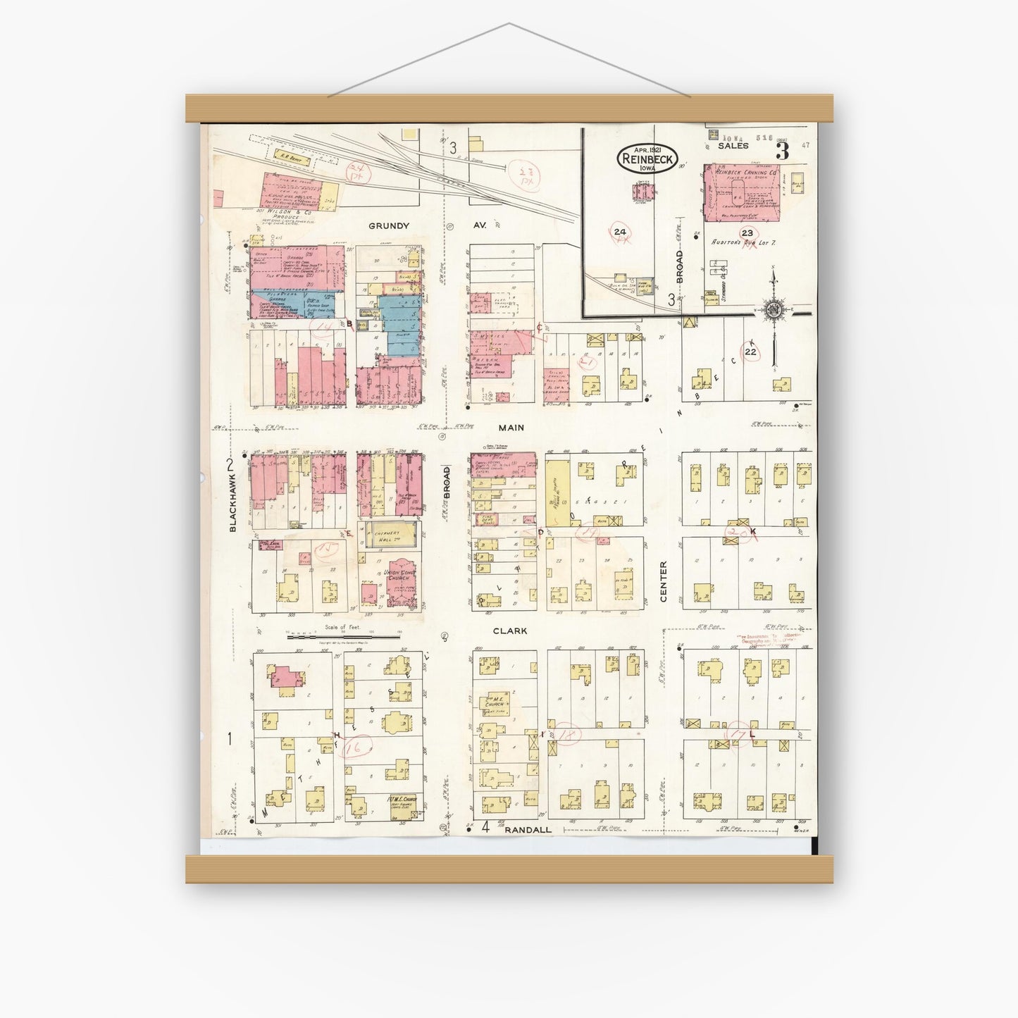 Old map wall art mockup — magnetic wood frame on white wall — Sanborn Fire Insurance Map from Reinbeck, Grundy County, Iowa (1935), Sheet #0003