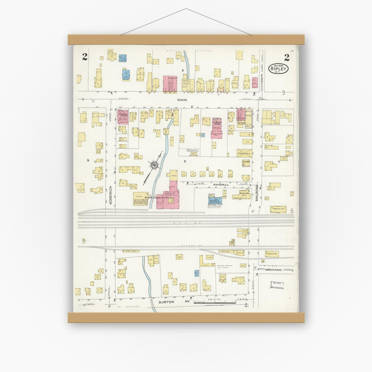Old map wall art mockup — magnetic wood frame on white wall — Sanborn Fire Insurance Map from Ripley, Chautauqua County, New York (1924), Sheet #0002