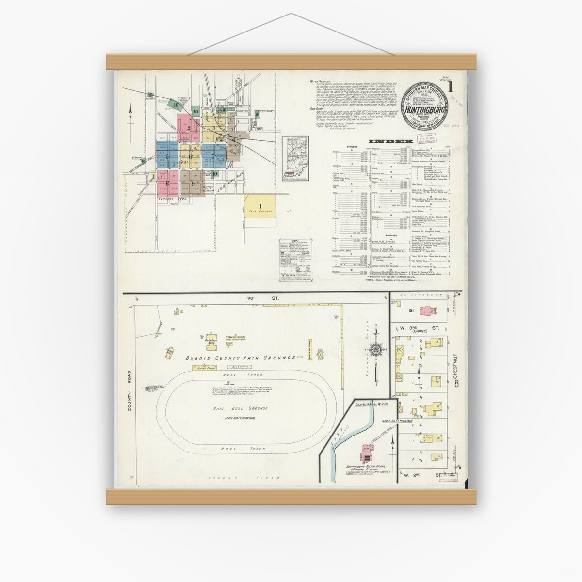 Old map wall art mockup — magnetic wood frame on white wall — Sanborn Fire Insurance Map from Huntingburg, Dubois County, Indiana (1913) - Complete Map Set