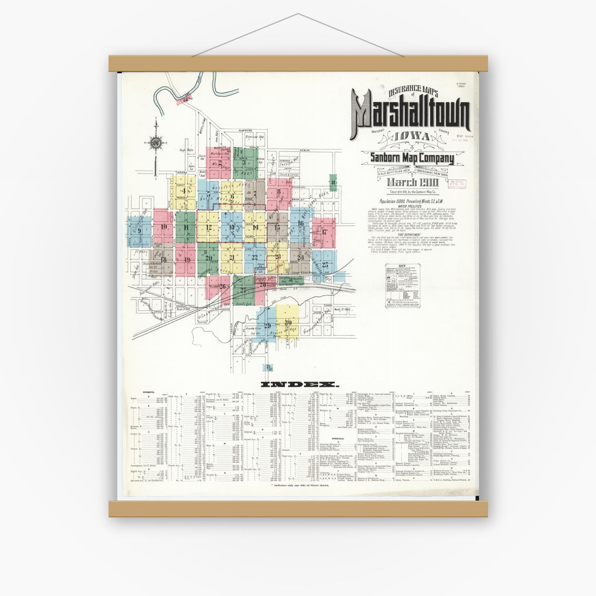 Old map wall art mockup — magnetic wood frame on white wall — Sanborn Fire Insurance Map from Marshalltown, Marshall County, Iowa (1910) â€” Complete Set