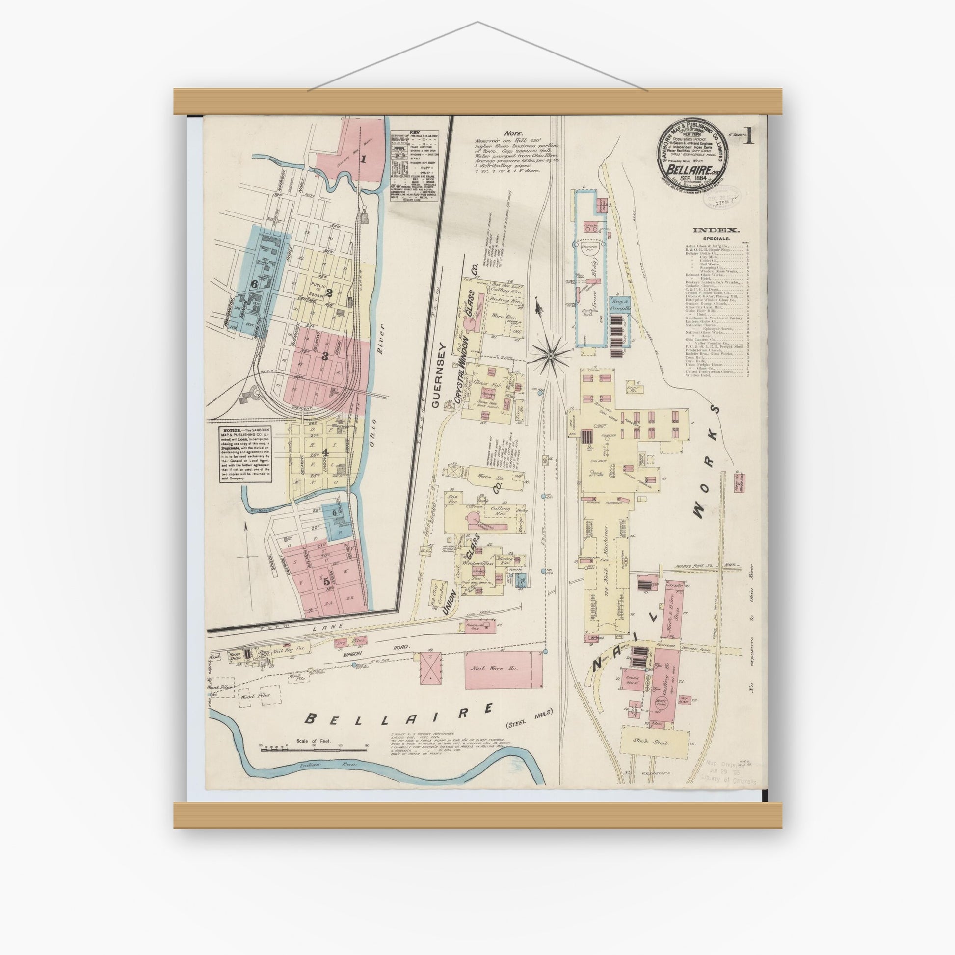 Old map wall art mockup — magnetic wood frame on white wall — Sanborn Fire Insurance Map from Bellaire, Belmont County, Ohio (1884) - Complete Map Set