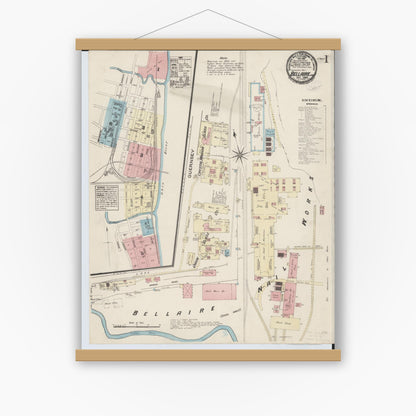 Old map wall art mockup — magnetic wood frame on white wall — Sanborn Fire Insurance Map from Bellaire, Belmont County, Ohio (1884) - Complete Map Set