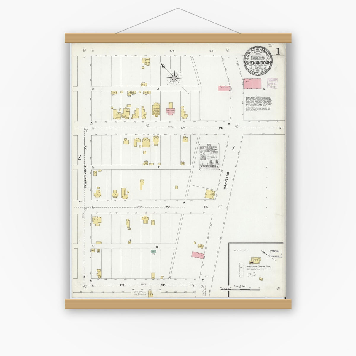 Old map wall art mockup — magnetic wood frame on white wall — Sanborn Fire Insurance Map from Shenandoah, Page County, Virginia (1905) - Complete Map Set