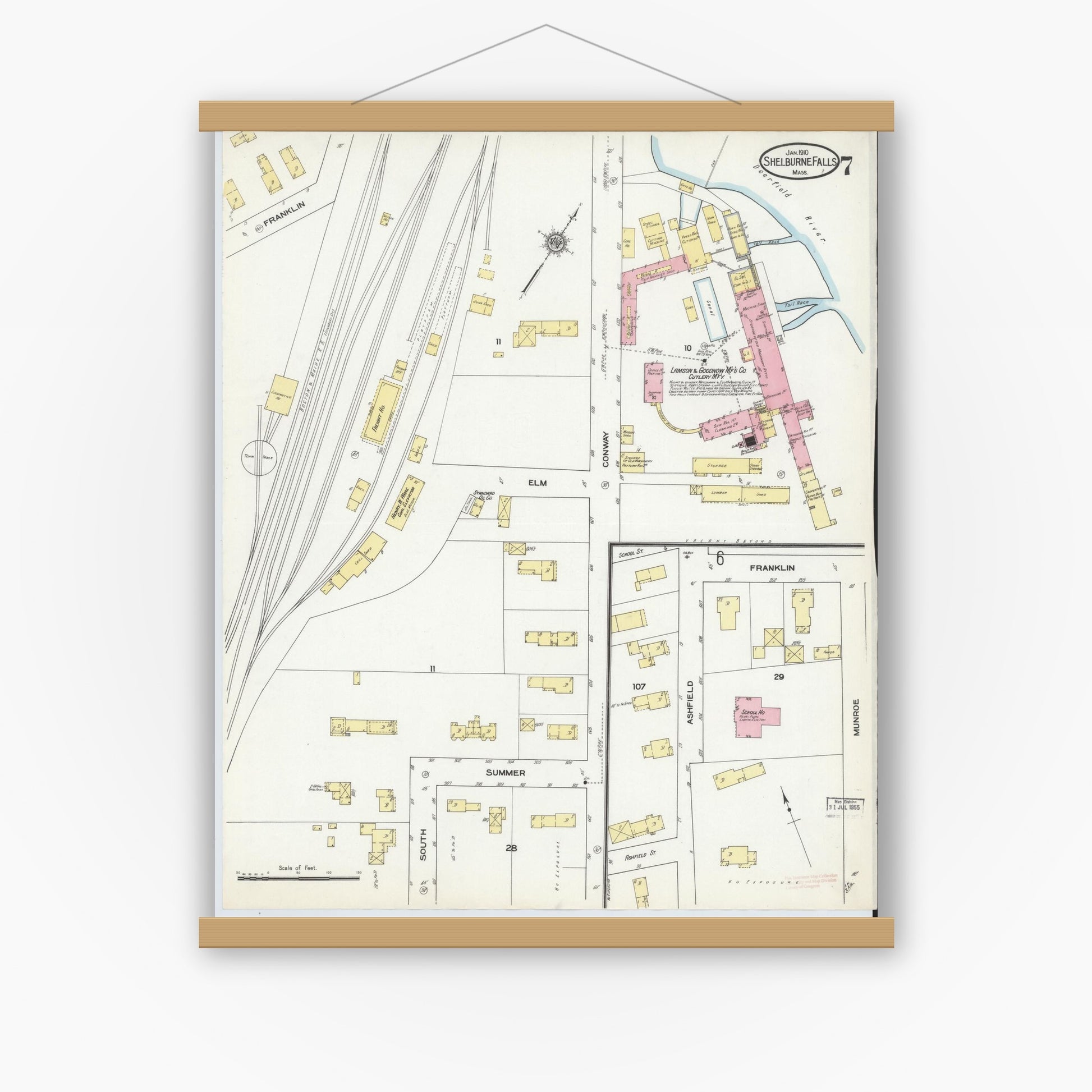 Old map wall art mockup — magnetic wood frame on white wall — Sanborn Fire Insurance Map from Shelburne Falls, Franklin County, Massachusetts (1910), Sheet #0007
