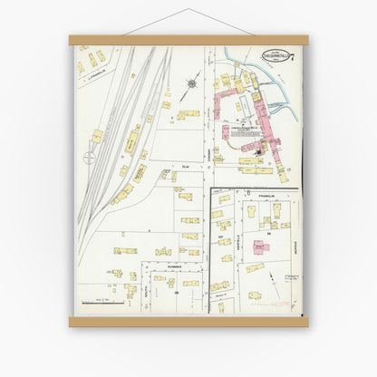 Old map wall art mockup — magnetic wood frame on white wall — Sanborn Fire Insurance Map from Shelburne Falls, Franklin County, Massachusetts (1910), Sheet #0007